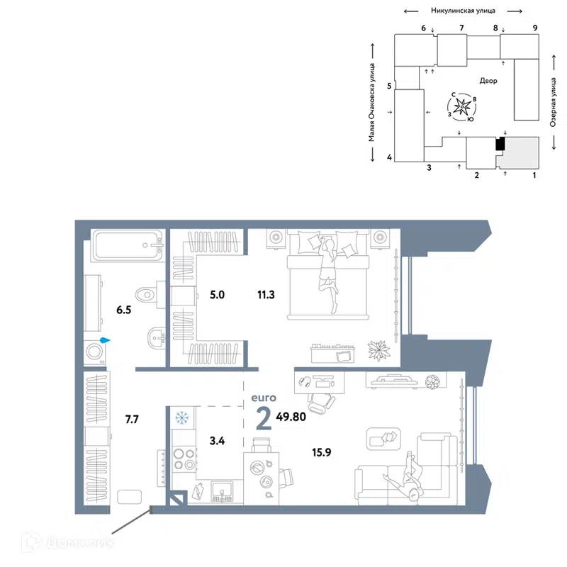 2-комнатная квартира 49.8 м² Страна.Озёрная