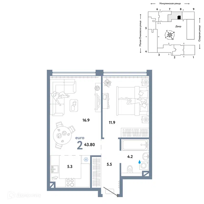 2-комнатная квартира 43.8 м² Страна.Озёрная