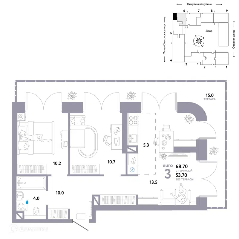 3-комнатная квартира 68.7 м² Страна.Озёрная