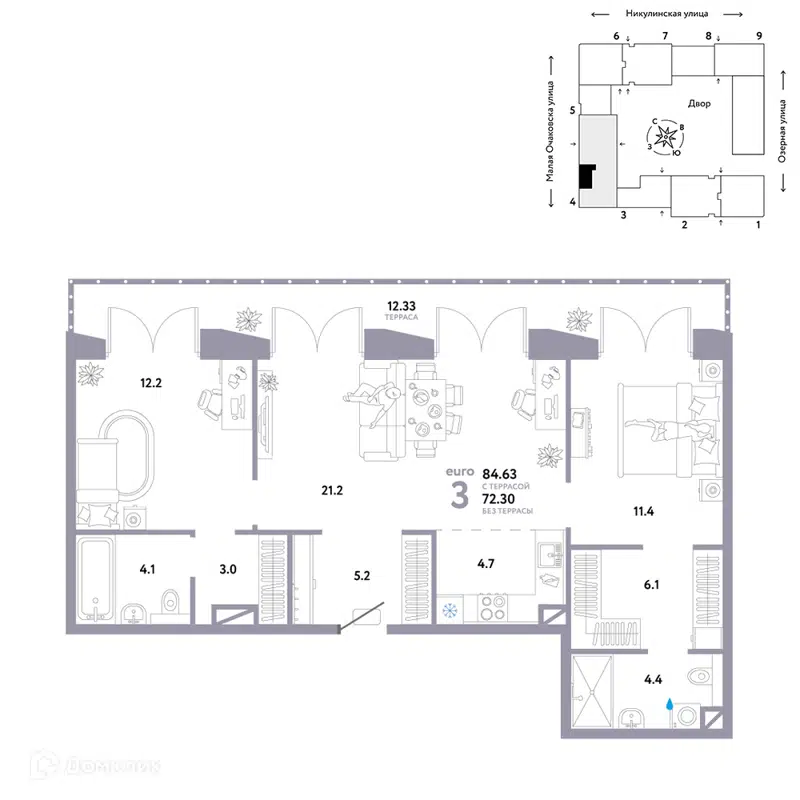 3-комнатная квартира 84.63 м² Страна.Озёрная