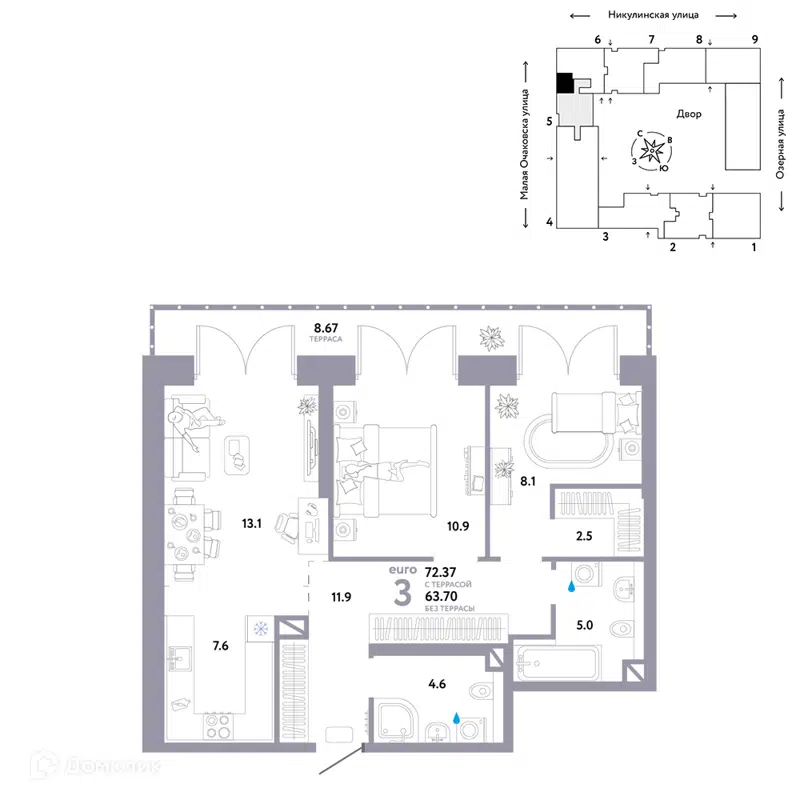 3-комнатная квартира 72.37 м² Страна.Озёрная