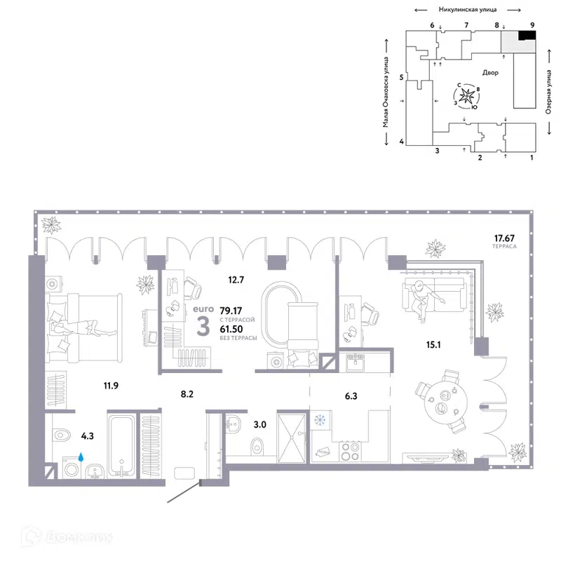 3-комнатная квартира 79.17 м² Страна.Озёрная