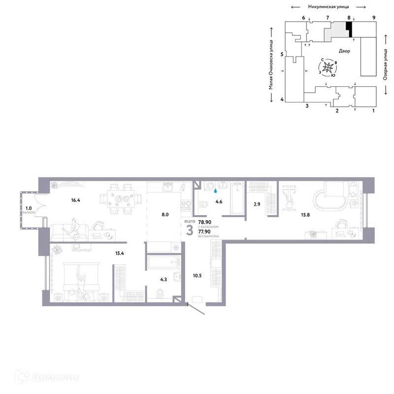 3-комнатная квартира 78.9 м² Страна.Озёрная