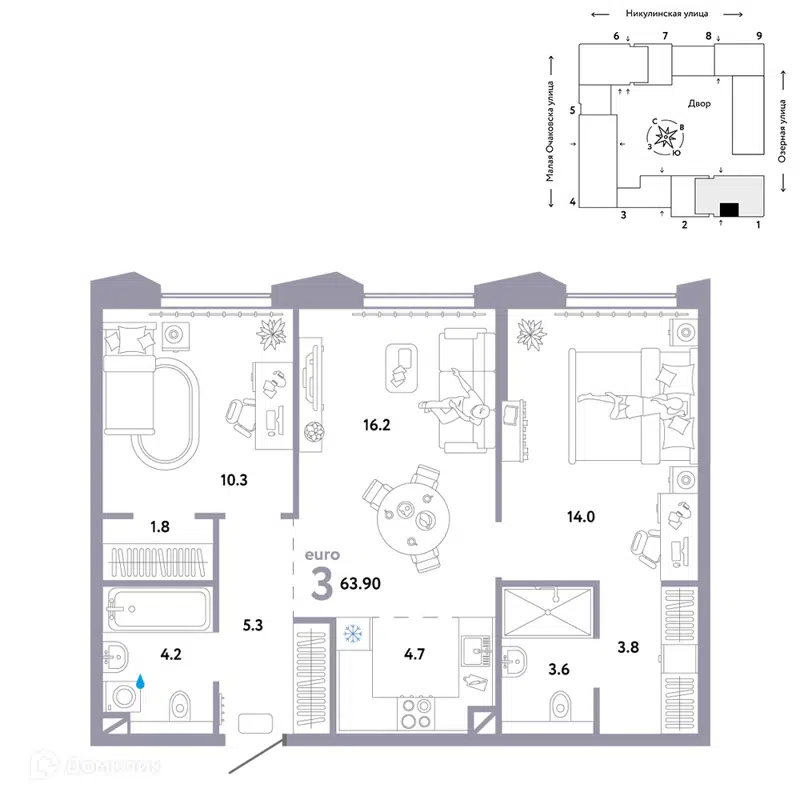 3-комнатная квартира 63.9 м² Страна.Озёрная