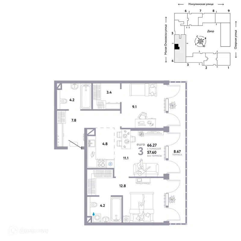 3-комнатная квартира 66.27 м² Страна.Озёрная