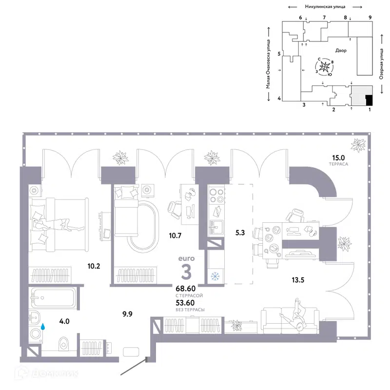 3-комнатная квартира 68.6 м² Страна.Озёрная