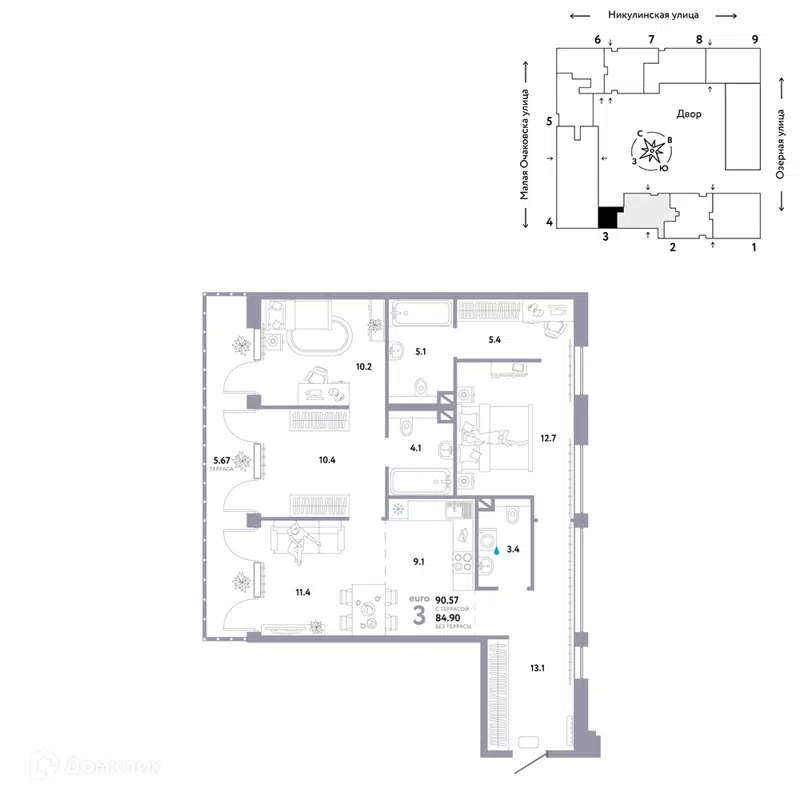 3-комнатная квартира 90.57 м² Страна.Озёрная