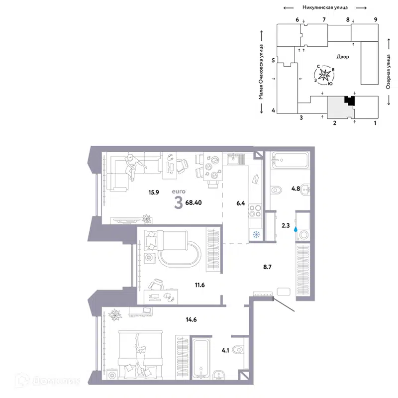 3-комнатная квартира 68.4 м² Страна.Озёрная