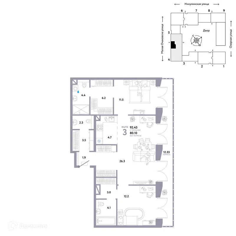 3-комнатная квартира 92.43 м² Страна.Озёрная