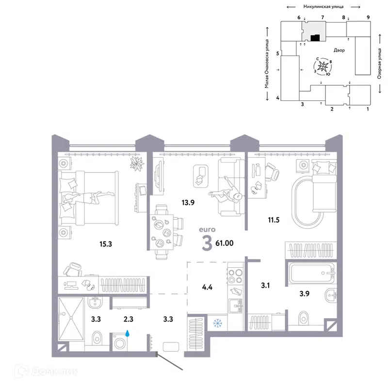 3-комнатная квартира 61 м² Страна.Озёрная