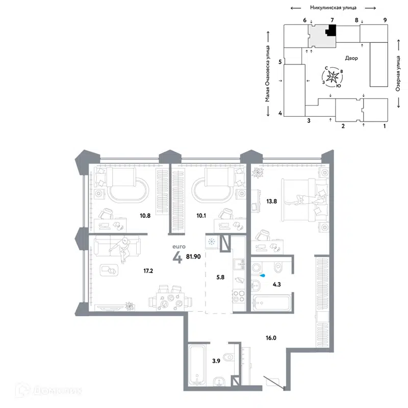 4-комнатная квартира 81.9 м² Страна.Озёрная