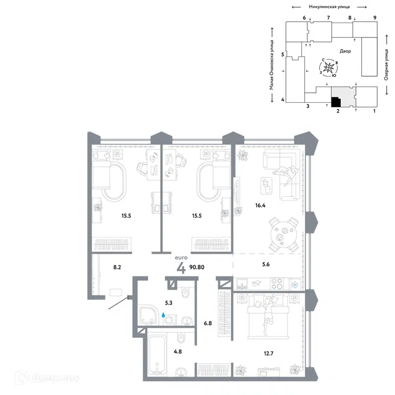 4-комнатная квартира 90.8 м² Страна.Озёрная