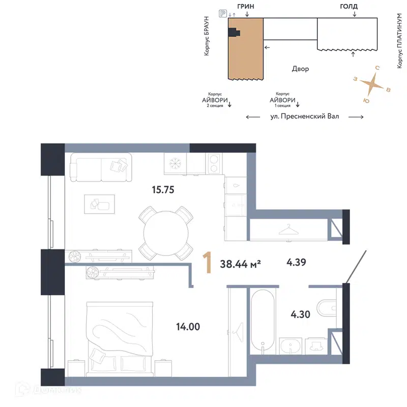 1-комнатная квартира 38.44 м² Репаблик