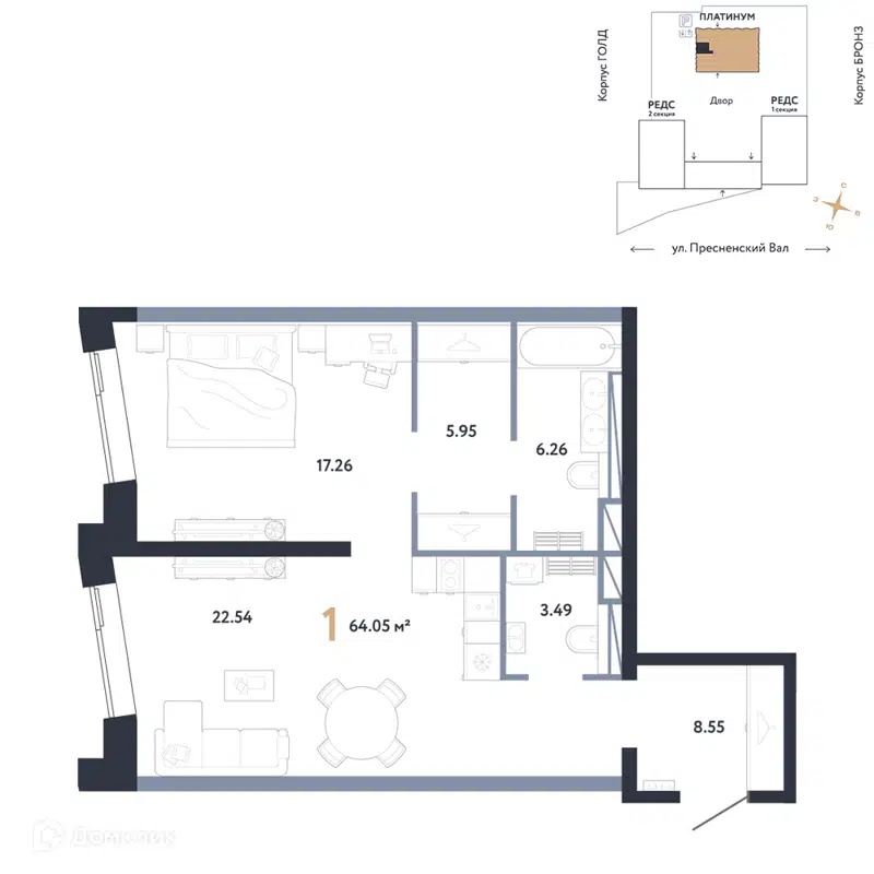 1-комнатная квартира 64.05 м² Репаблик