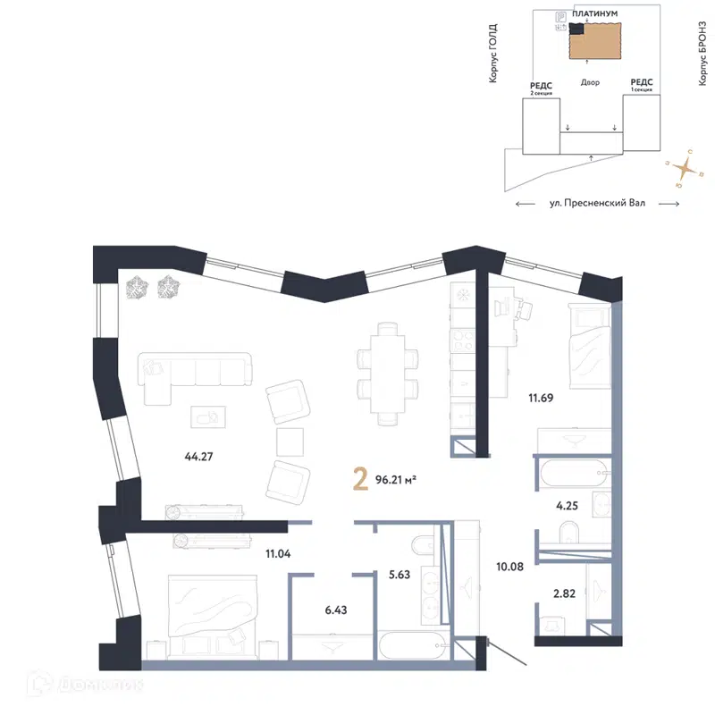 2-комнатная квартира 96.21 м² Репаблик