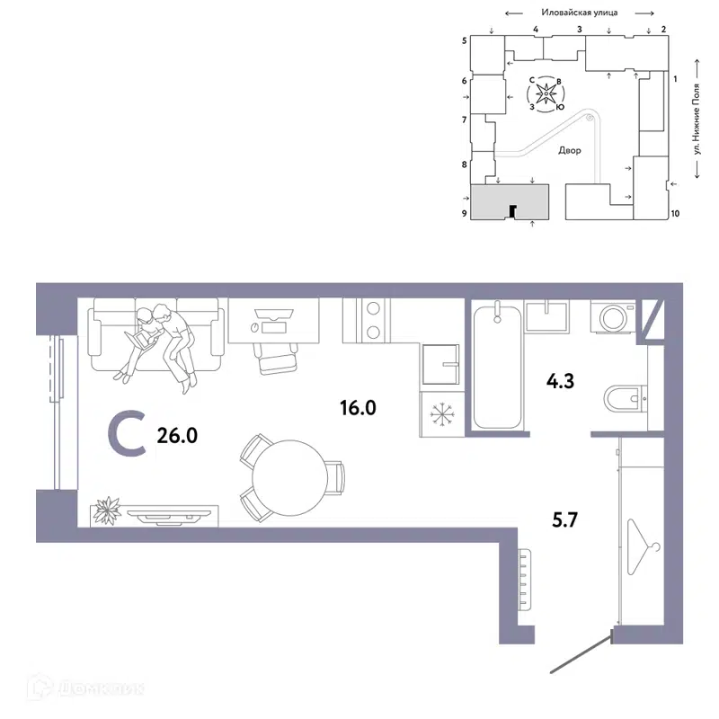 Студия 26 м² Страна.Заречная