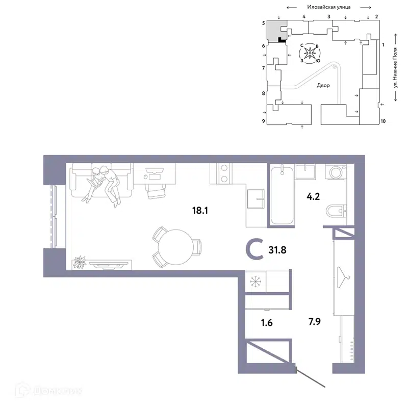 Студия 31.8 м² Страна.Заречная