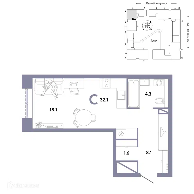 Студия 32.1 м² Страна.Заречная