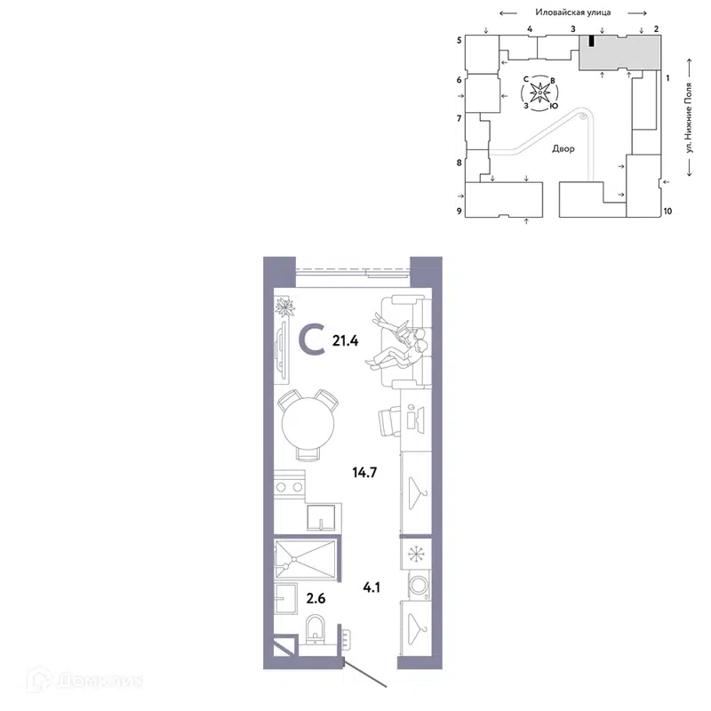 Студия 21.4 м² Страна.Заречная