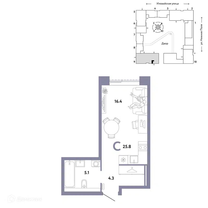 Студия 25.8 м² Страна.Заречная