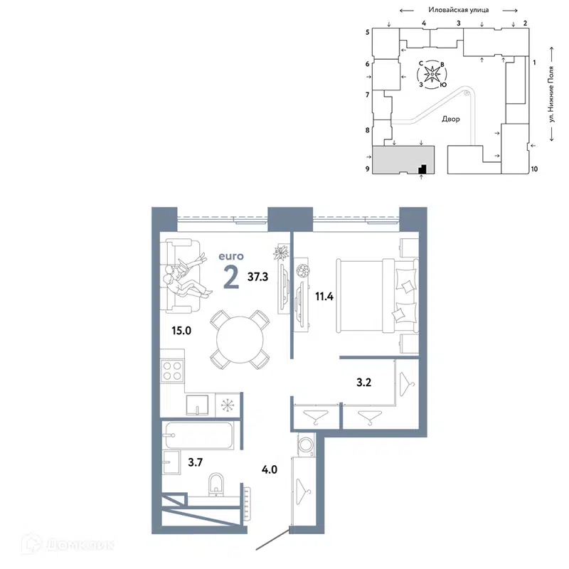 2-комнатная квартира 37.3 м² Страна.Заречная