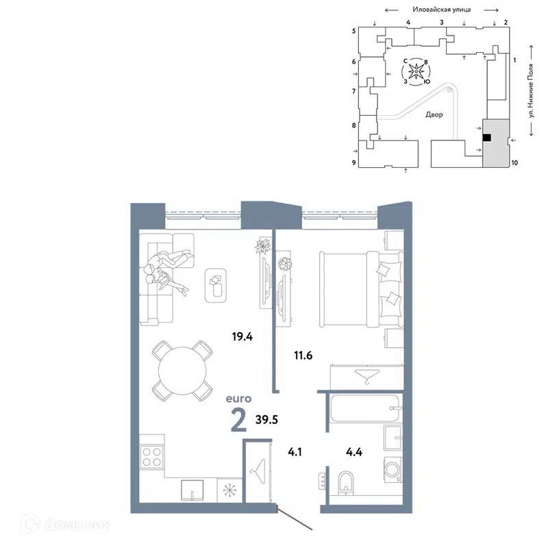 2-комнатная квартира 39.5 м² Страна.Заречная