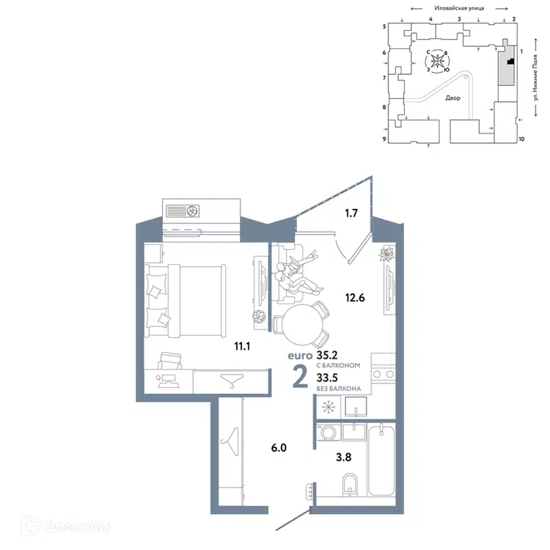 2-комнатная квартира 35.2 м² Страна.Заречная