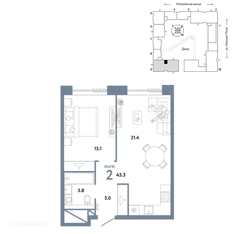 2-комнатная квартира 43.3 м² Страна.Заречная