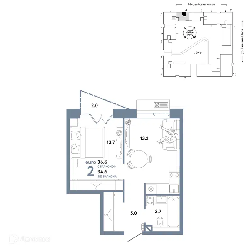 2-комнатная квартира 36.6 м² Страна.Заречная