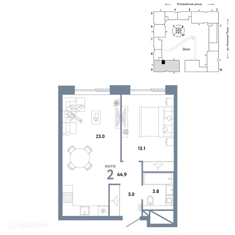 2-комнатная квартира 44.9 м² Страна.Заречная
