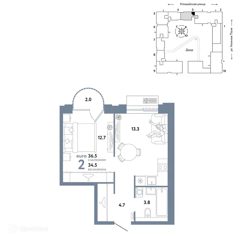 2-комнатная квартира 36.5 м² Страна.Заречная