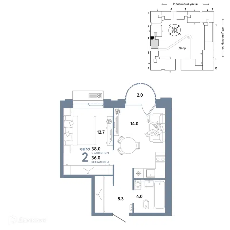 2-комнатная квартира 38 м² Страна.Заречная