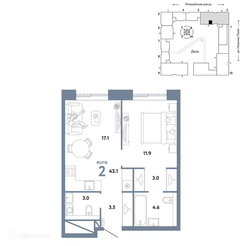 2-комнатная квартира 43.1 м² Страна.Заречная