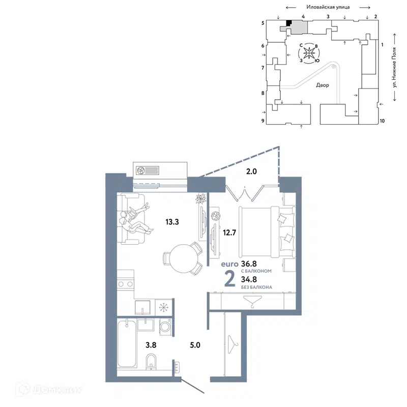 2-комнатная квартира 36.8 м² Страна.Заречная