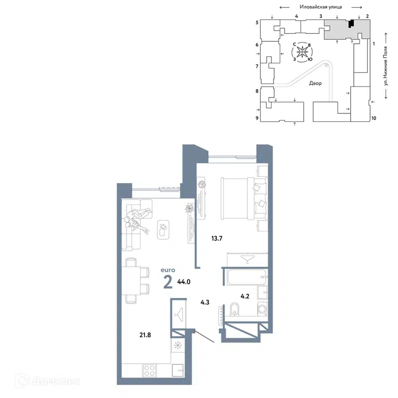2-комнатная квартира 44 м² Страна.Заречная
