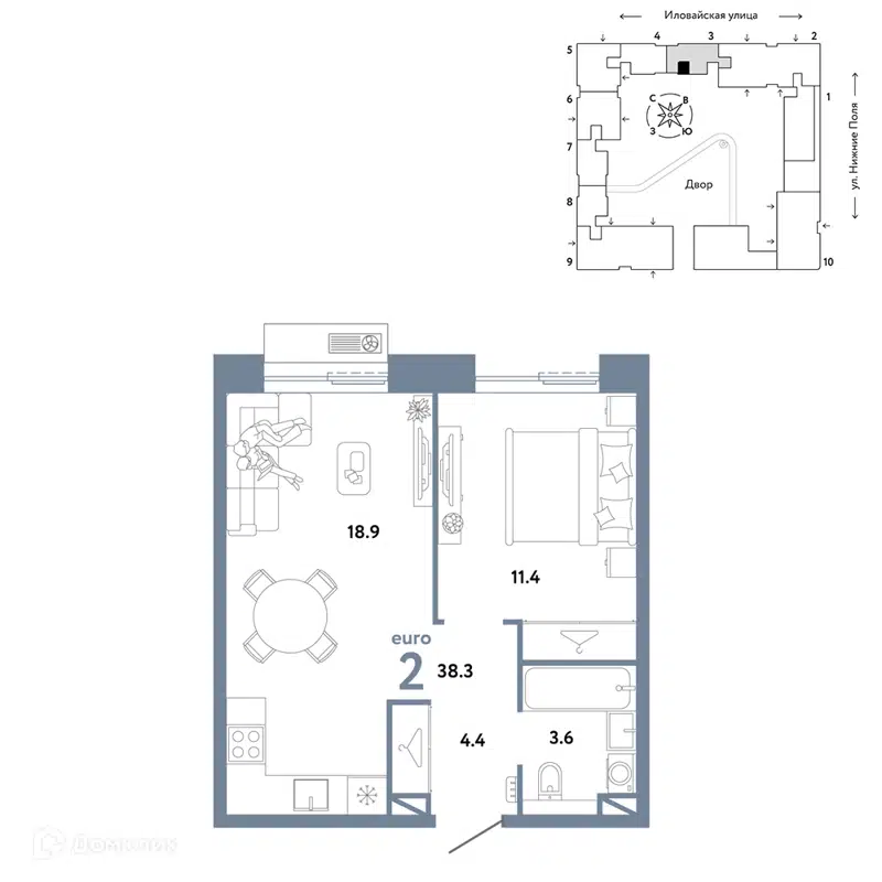 2-комнатная квартира 38.3 м² Страна.Заречная