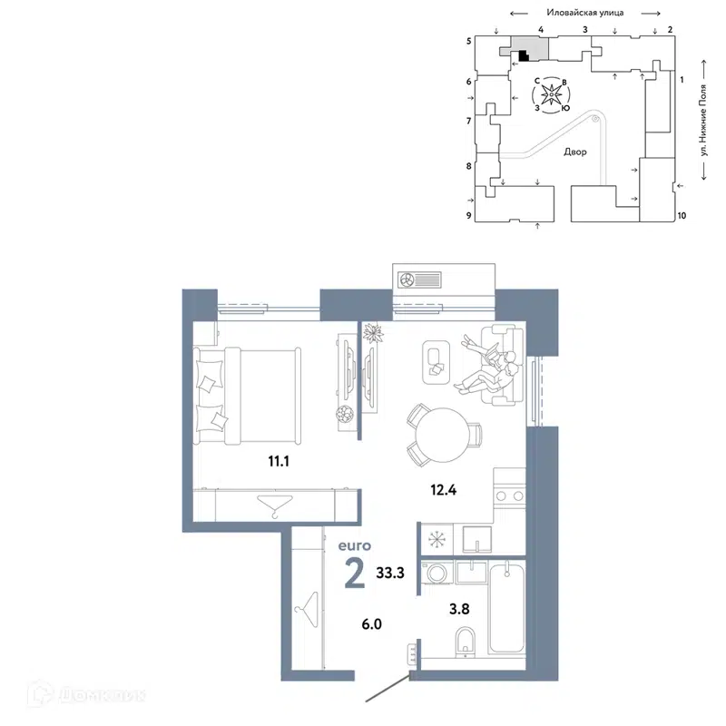 2-комнатная квартира 33.3 м² Страна.Заречная