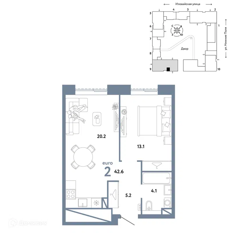 2-комнатная квартира 42.6 м² Страна.Заречная