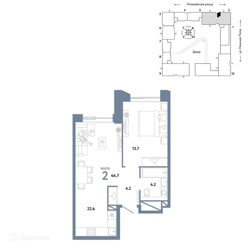 2-комнатная квартира 44.7 м² Страна.Заречная