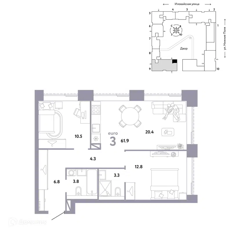 3-комнатная квартира 61.9 м² Страна.Заречная