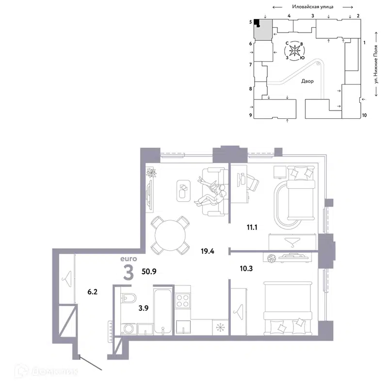 3-комнатная квартира 50.9 м² Страна.Заречная