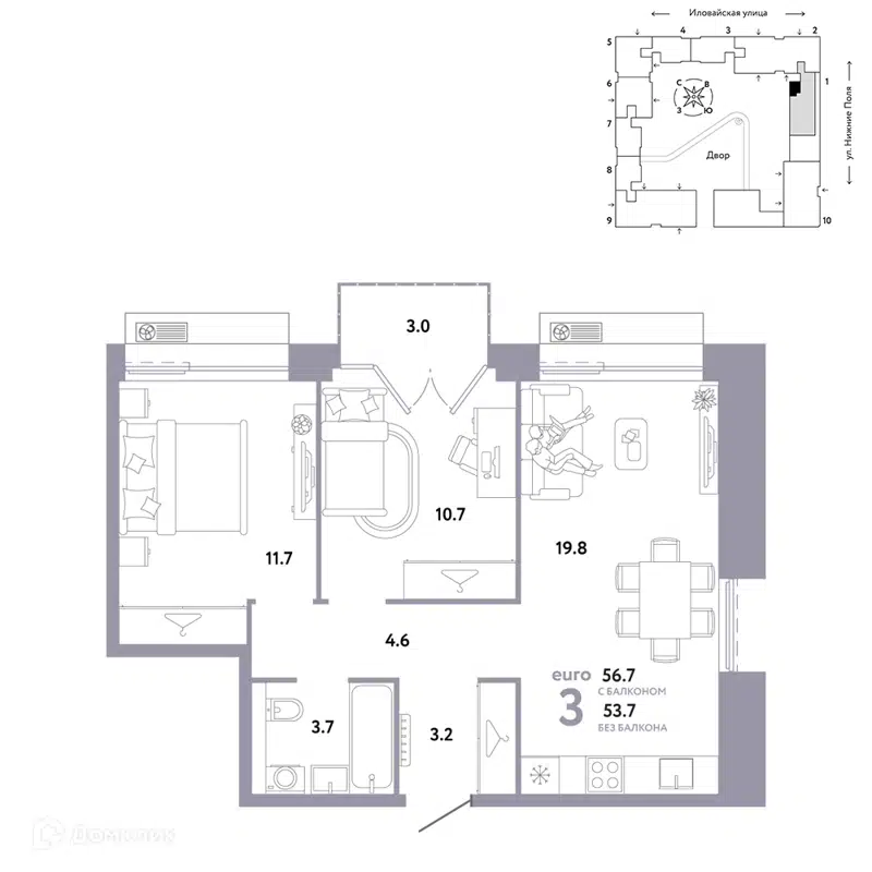3-комнатная квартира 56.7 м² Страна.Заречная