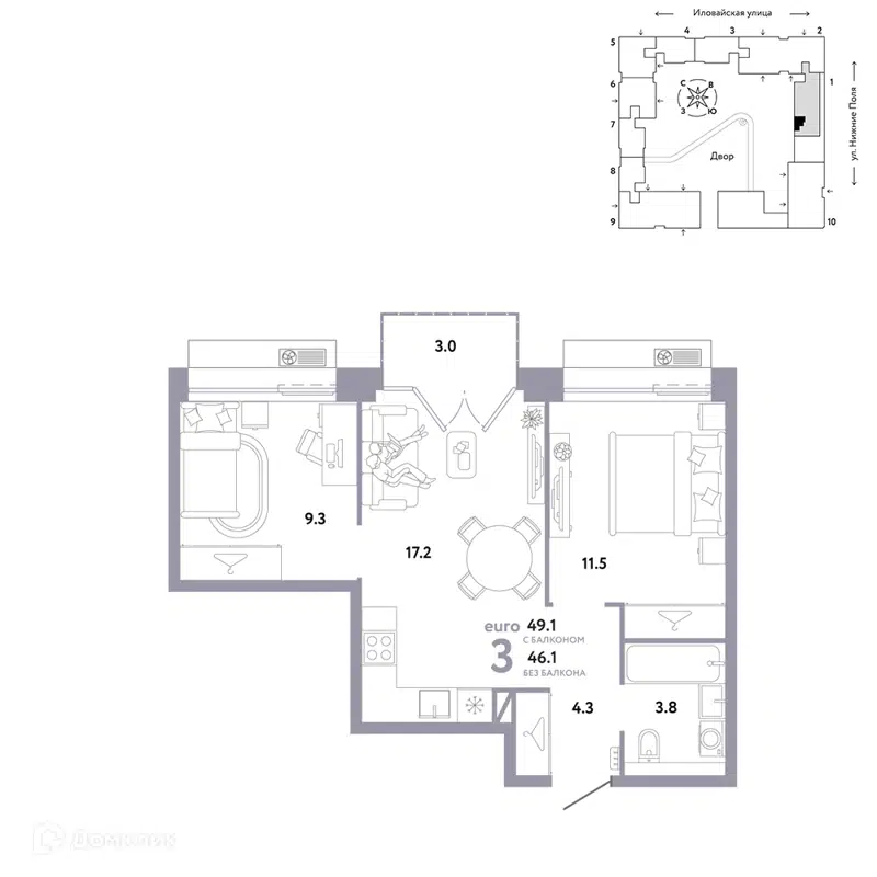 3-комнатная квартира 49.1 м² Страна.Заречная