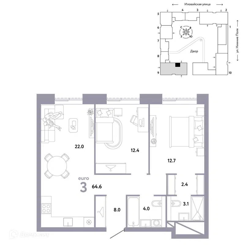 3-комнатная квартира 64.6 м² Страна.Заречная