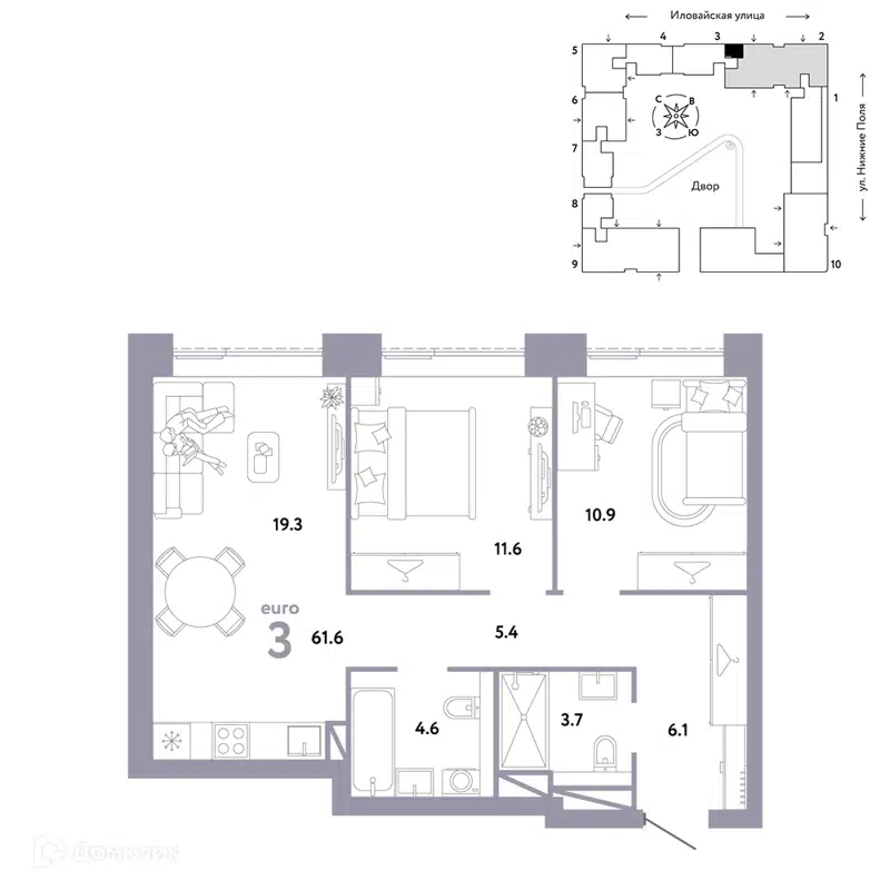 3-комнатная квартира 61.6 м² Страна.Заречная