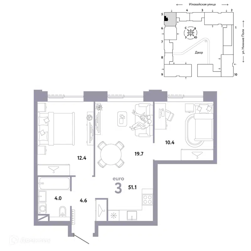 3-комнатная квартира 51.1 м² Страна.Заречная
