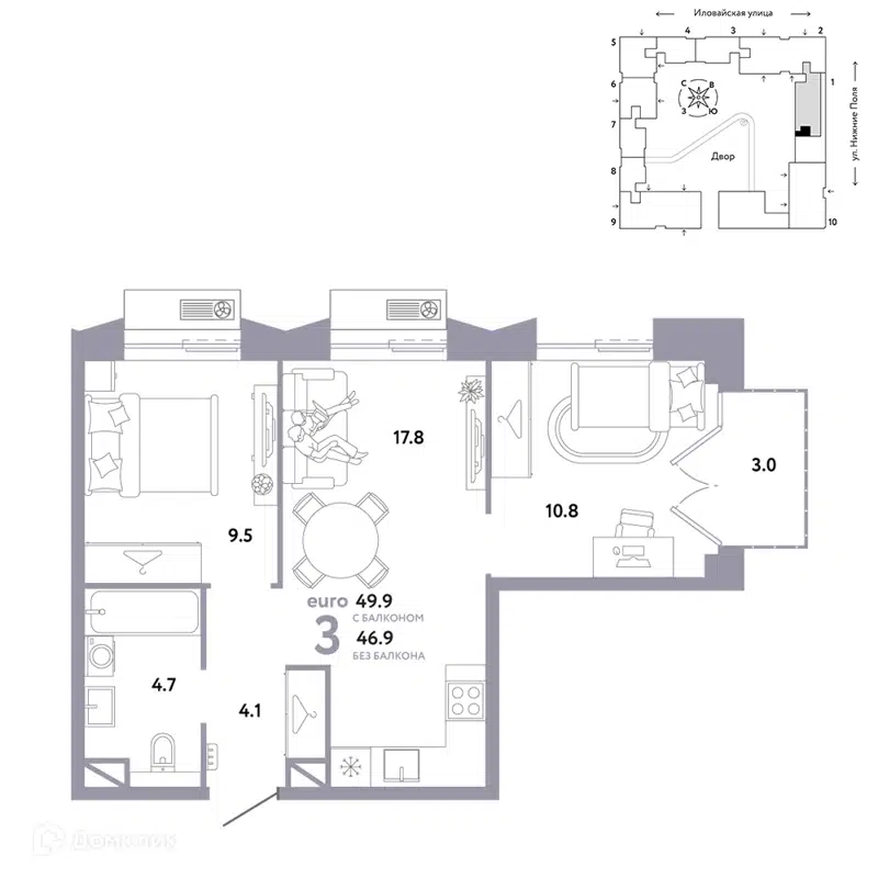3-комнатная квартира 49.9 м² Страна.Заречная