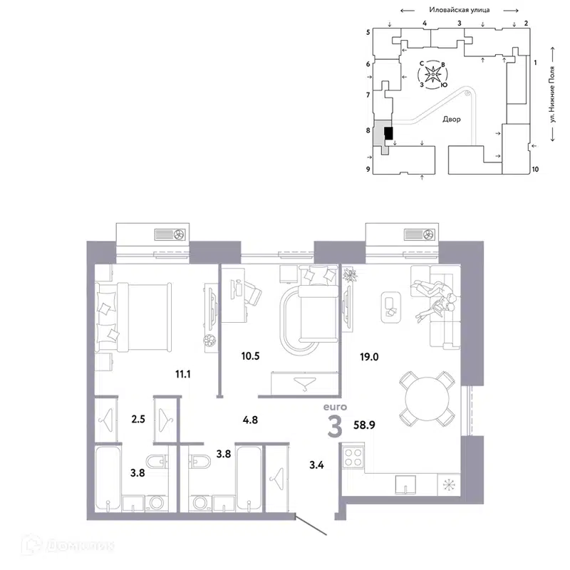 3-комнатная квартира 58.9 м² Страна.Заречная
