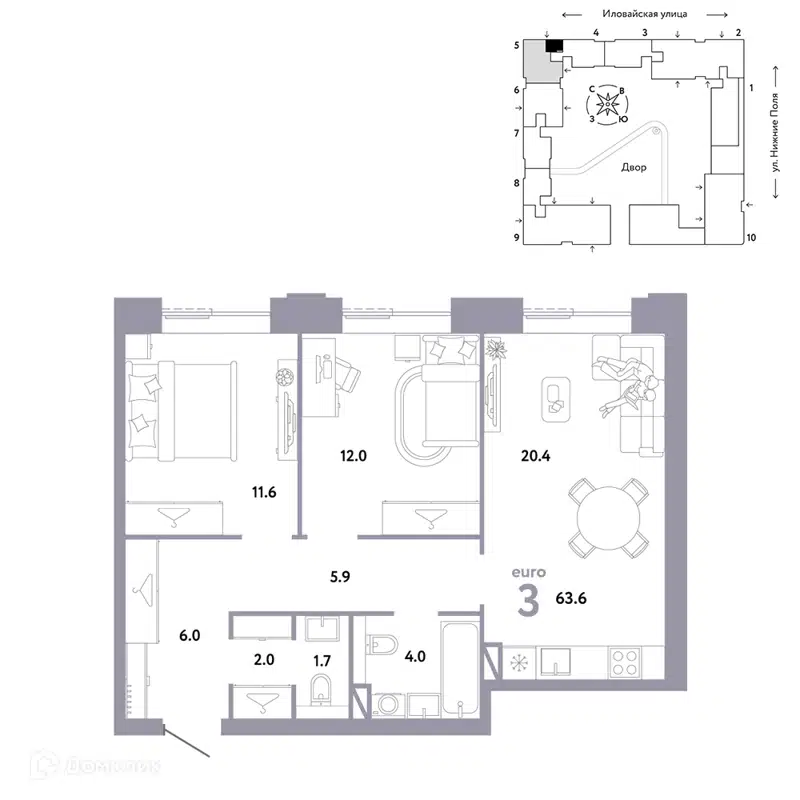 3-комнатная квартира 63.6 м² Страна.Заречная