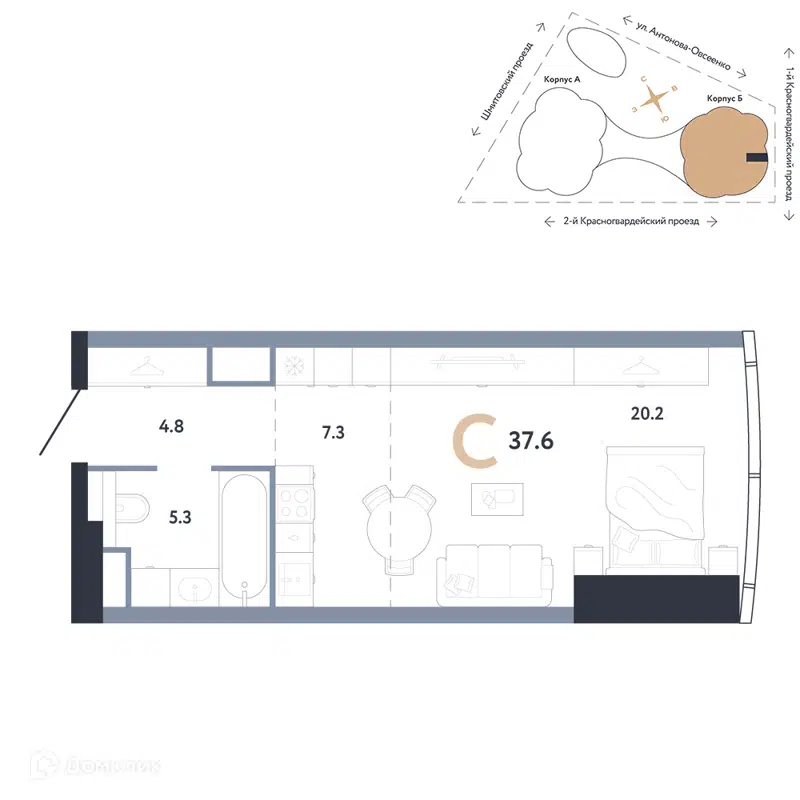 Студия 37.6 м² АУРУС Резиденции